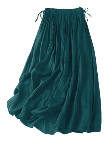 IDEALSANXUN Linen Skirts for Women Spring Summer A Line Elastic High Waisted Casual Drawstring Flowy Midi Skirt