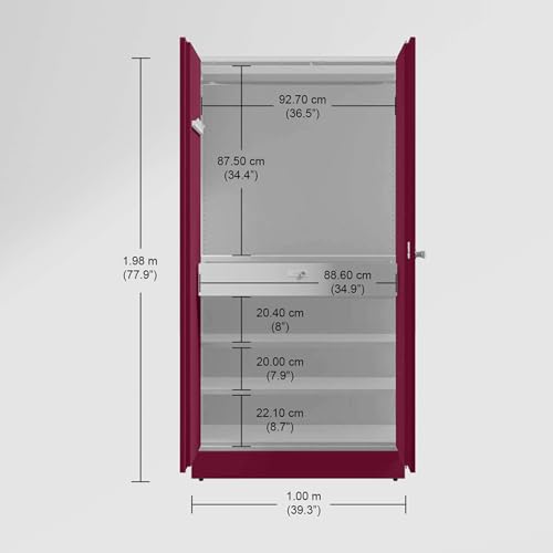 Image of Interio by Godrej Auraline Men Basic 2-Door Steel Almirah (Textured Berry) (1-Year Warranty, 4 Shelves, 1 Drawer)
