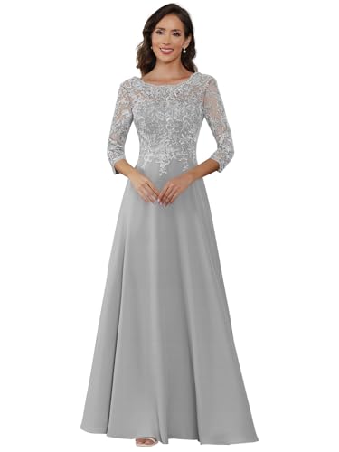 Chiffon Long Mother of The Bride Dresses for Women 3/4 Sleeve Lace Formal Evening Gown