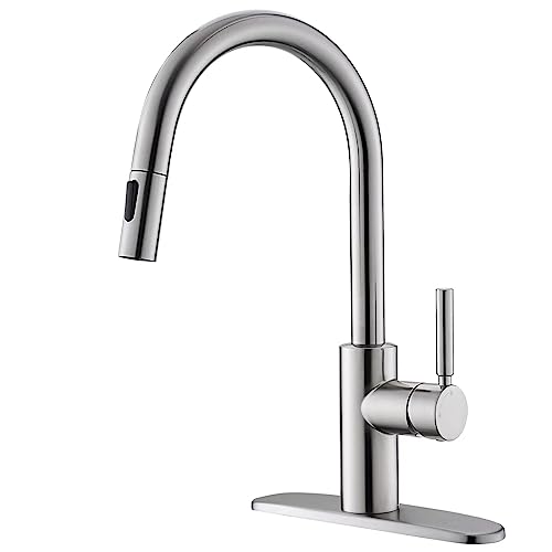 Kitchen Faucet With Pull Down Sprayer Ouen Brushed Nickel Modern Single Handle High Arc Pull Out Kitchen Sink Faucets With Deck Plate For Laundry Rv Farmhouse, Brass Structure, 15.7" Height #TOP3