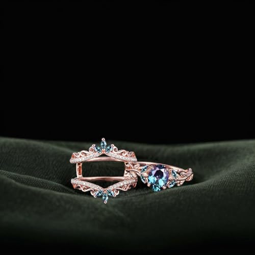 2CT Oval Color-Change Alexandrite Engagement Ring Set for Women Solid 925 Silver/10K/14K/18K Gold Bridal Ring Set Vintage Art Deco Vine Leaf Gemstone Rose Gold Ring Set for Her Unique Gifts3