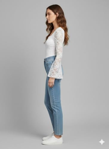 Image of Women's White Lace Top with Bell Sleeves | Square Neck Fitted Blouse | Elegant Long Sleeve Floral Lace Top for Casual Wear, Party, Date Night & Going Out