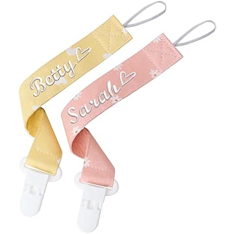 Personalised Baby Dummy Clip Holder Leash Customisable Embroidery Webbing Dummy Leash for Girls 2 Pack Gift Set Universal Fit (Yellow + Pink) Cover