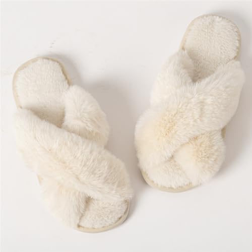 Image of Women's Cross Band Fuzzy Slippers Fluffy Open Toe House Slippers