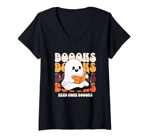Leggi di più Libri Amante Carino Fantasma Lettura Insegnante Halloween Maglietta con Collo a V