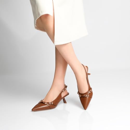 Image of Mostrin Kitten Heels for Women Pointed Toe Pumps Patent Leather Low Heel Slingback Heels with Buckle Dress Shoes for Dating Party Working
