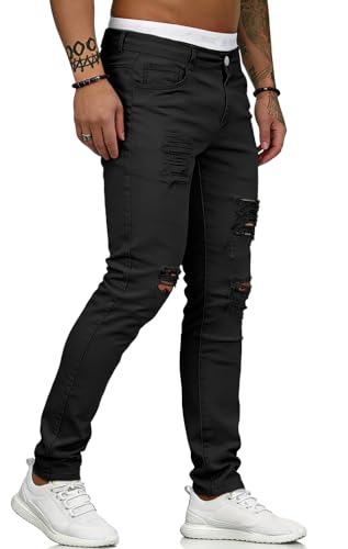 Image of HUNGSON Men's Blue Slim Fit Jeans Stretch Destroyed Ripped Skinny Jeans Side Striped Denim Pants