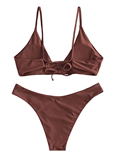 Image of ZAFUL Women's Tie Back Padded High Cut Bralette Bikini Set Two Piece Swimsuit
