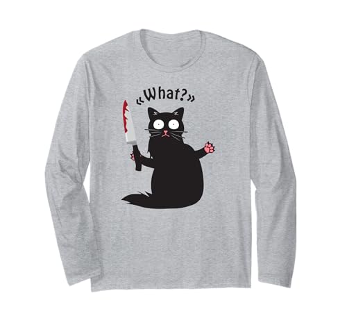 Cat What? Divertido gato negro camisa divertido gato asesino con cuchillo Manga Larga