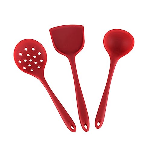 ABOOFAN 3Pcs Non Stick Silicone Utensil Set Heat Resistant Kitchenware Kit for Cooking Includes Colander Spoon Turner and Soup Ladle for Everyday Use Red