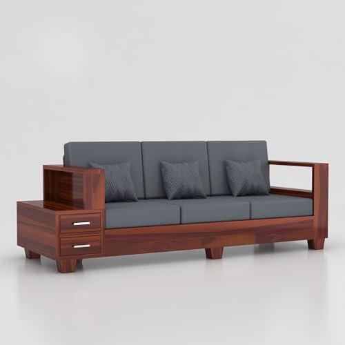 Image of Sheesham Wooden 3 Seater Sofa for Living Room | Solid Wood Sofa with Side Box Storage & Cushion | Rosewood Sofa Set for Home & Office | Lounge (Honey, 3 Seater)