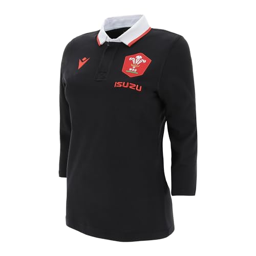 Image of Macron Wales WRU 20/21 Alternate Cotton Classic Womens Ladies Rugby 3/4 Sleeve Jersey Shirt Top (UK, Numeric, 12, Regular, Regular, Black)
