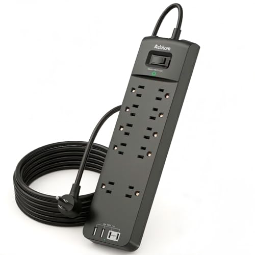 Addtam Power Strips with Surge Protection 12FT Long Extension Cord with Multiple Outlets Surge Protector Power Strip with 10 Outlets and 4 USB Ports(2 USB C) Flat Plug 2700J Black