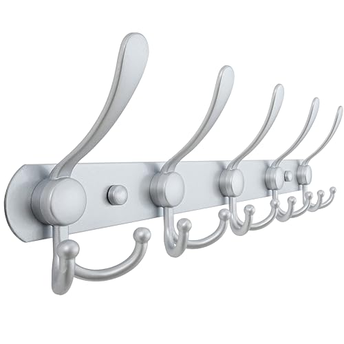 Dseap Coat Rack Wall Mounted - 5 Tri Hooks, Heavy Duty, Stainless Steel, Metal Coat Hook Rail for Coat Hat Towel Purse Robes Mudroom Bathroom Entryway, Silver