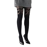 Premium Fashion Black Gray Jacquard Opaque Tights for Women with Designs Control Top Pantyhose Stockings (One Size,Bow Knot Black Opaque Tights)