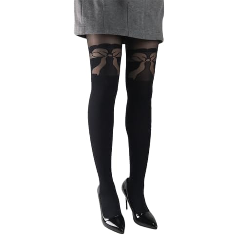 Premium Fashion Black Gray Jacquard Opaque Tights for Women with Designs Control Top Pantyhose Stockings (One Size,Bow Knot Black Opaque Tights)