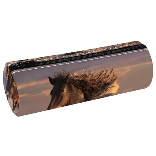 VAPOKF Trousse à crayons en cuir synthétique avec imprimé cheval sur le coucher du soleil sur la plage, trousse de maquillage pour femmes, filles, garçons, enfants, fournitures scolaires et de bureau