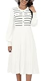 ETCYY Women's Casual Long Sleeve Midi Dress 2025 Striped Fall Sweater Work Button Pleated A Line Ribbed Knit Dresses,Stripe White,Small