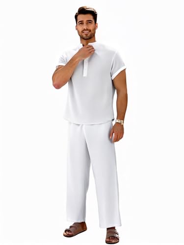 GORGLITTER Men's Linen Suit 2 Piece Set Beach Casual Short Sleeve Henley Shirts Loose Long Pants Summer Vacation Outfits3