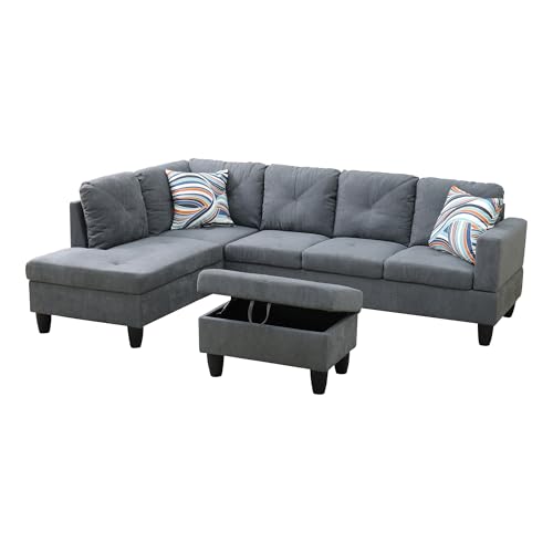 L Shaped Couch Modern Sectional Couch Upholstered Flannelette Fabric 3 Pieces Sofas for Living Room with Chaise, Storage Ottoman for Office and Small Apartment, Dark Grey - Image 4