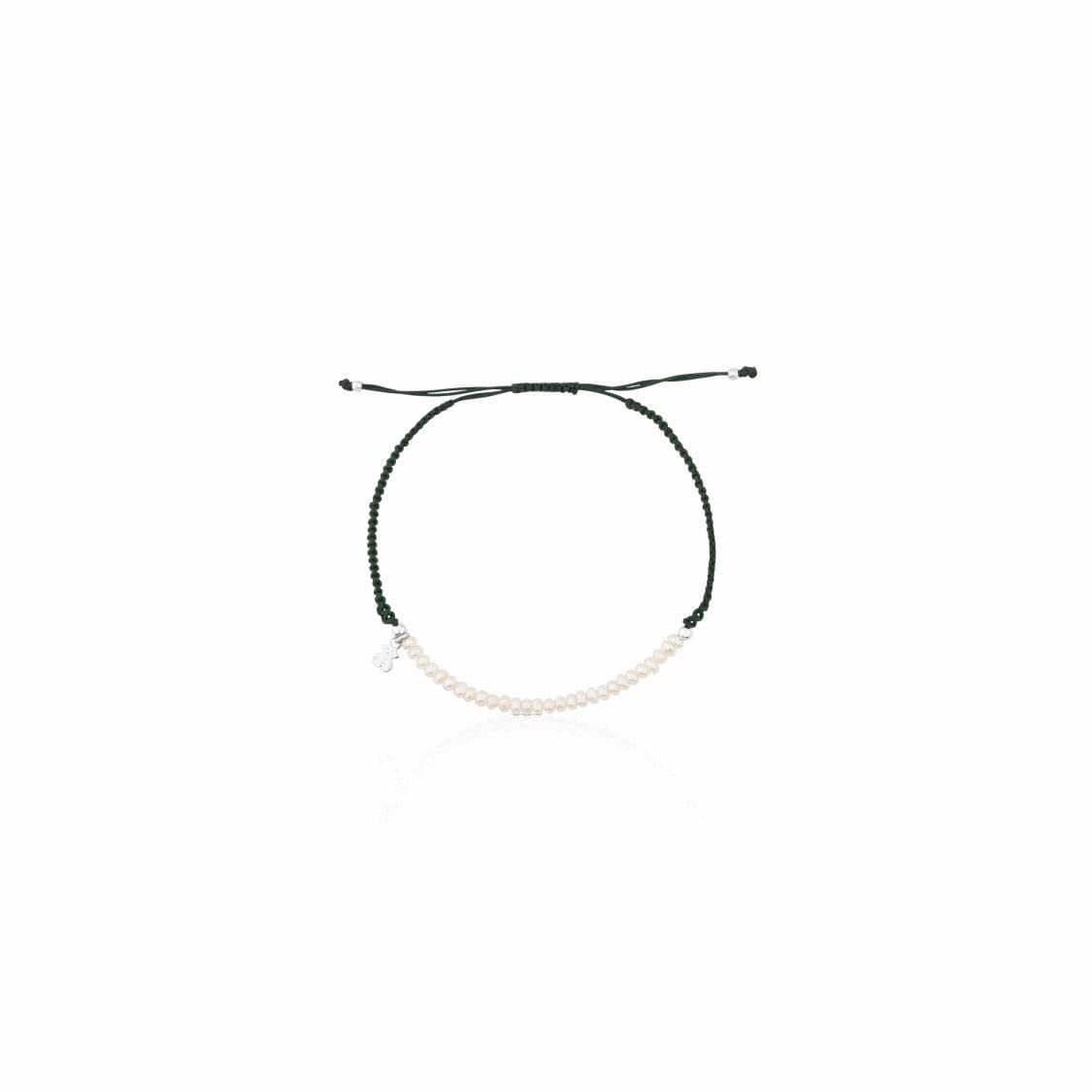 TOUS Bracciale in nylon verde con perle coltivate da donna con motivo a orso in argento sterling 0,2 cm, combinabile e versatile, collezione color AG