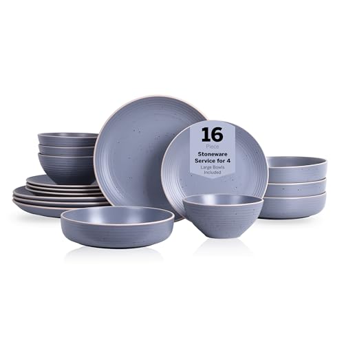Image of Stone Lain Lauren Stoneware, Rustic Plates and Bowls Set, Dinnerware, Service for 4, Speckled Light Gray, Dishwasher & Microwave Safe, 16-Piece