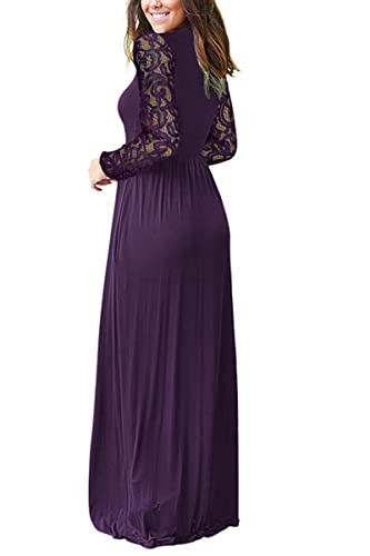 Image of AUSELILY Womens Lace Long Sleeve Maxi Dress V Neck Wrap Waist with Pockets | Lace sleeves, cross-wrap neck flatters, hidden pockets, floor-length maxi for year-round