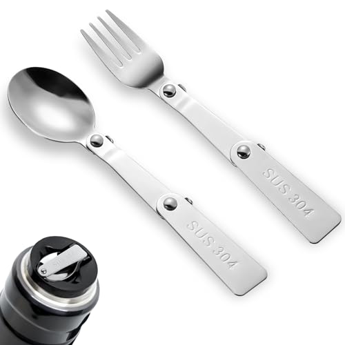 2pcs Cuillère et Fourchette de Rechange pour Thermos, Acier Inoxydable Cuillère Pliable et Fourchette pour Extérieur Voyages Pièces Rechange pour Thermos Funtainer 16oz Pot Alimentaire