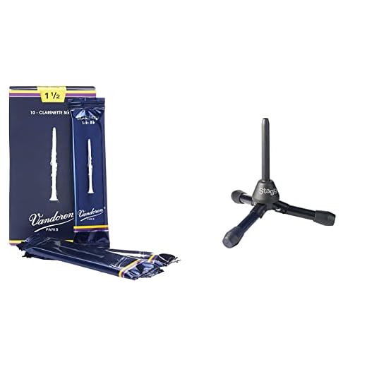 Vandoren CR1015 - Caja de 10 cañas tradicional para clarinete sib & Stagg WISA45 - Soporte para instrumento de viento para clarinete y flauta travesera, color dorado