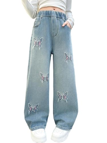 Girls Jeans Butterfly Denim Elastic Wasit Wide Leg Baggy Pants Kids Clothes 5-16 Years
