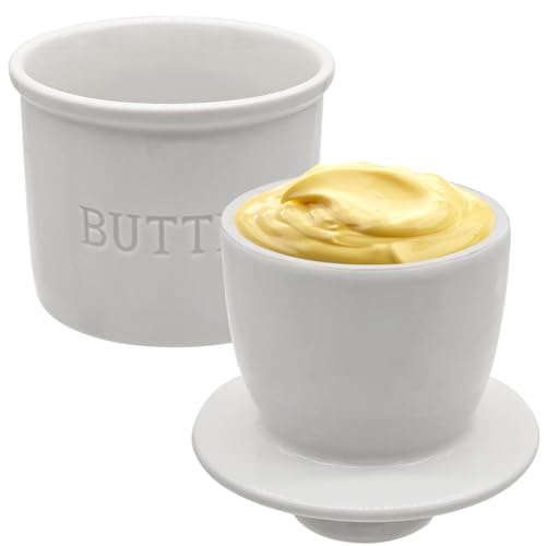 MKYHBOO Ceramic Butter Crock, Airtight Butter Crock With Lid for Countertop, Round French Butter Keepers, Porcelain Butter Dish With Lid (White)
