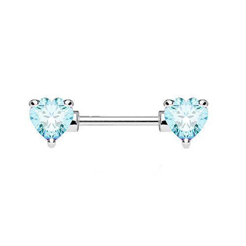 beyoutifulthings Brustwarzen-Piercing ZIRKONIA Herzen Intim-Piercing Brust-Piercing CHIRURGENSTAHL Silber Aqua Stab 1,6mm 16mm