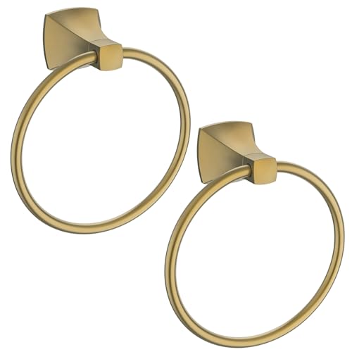 WZRUA Hand Towel Holder for Bathroom Brushed Gold Towel Ring Stainless Steel and Zinc Alloy Towel Hanger Wall Mount for Bath, Kitchen, 2 Pack
