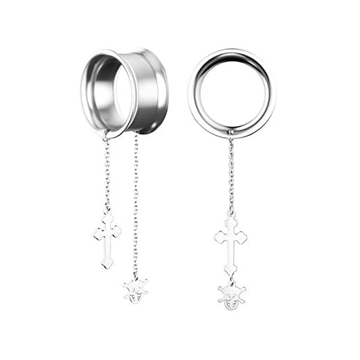 AdorabFruit 2 st skalle kors kedja öronproppar tunnlar dubbel utsvängd piercing öronmätare örhänge dingla expander 0 g-5/8 tum kvinnor män punk tunnel (huvudsten färg: 6 mm, metallfärg: silver)