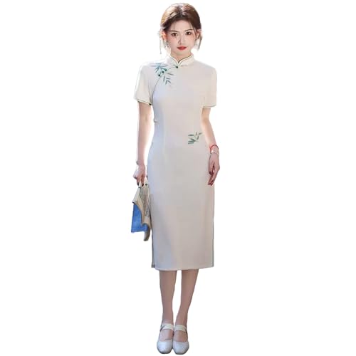 Cheongsam femme jacquard blanc broderie mi-longue de style chinois pour le printemps