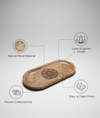 Image of Wooden Jewelry Tray, Oval Shape, L x B x H = 10 x 5 x 0.5 Inch Floral Design, Natural Wood Finish, Organizer for Rings, Necklaces, Earrings And Snacks Serving (Round Engraved 3)