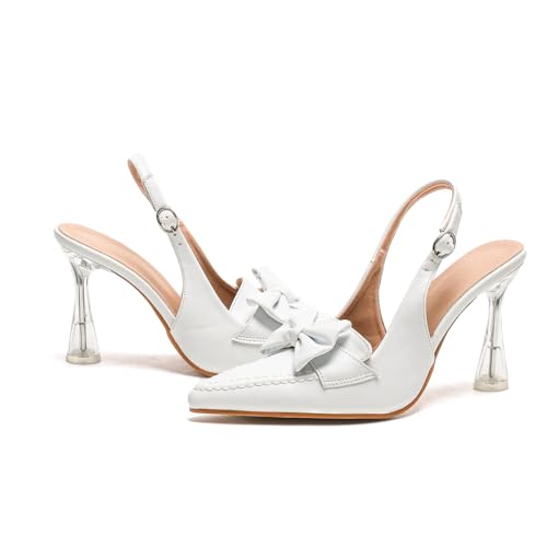 GATUXUS Women's Slingback Clear Kitten Heels Bow Pumps Closed Pointed Toe High Heels Sandals Wedding Casual Dress Shoes4