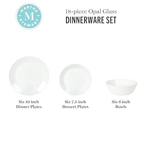 Martha Stewart Opalton 18 Piece Chip and Break Resistant Opal Glass Dinnerware Set