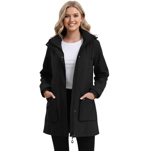chiguomaoyi Chaqueta Impermeable Mujer Chaquetas Entretiempo Soft shell largas Abrigo Exteriores Capucha Cortavientos (Negro,XL)