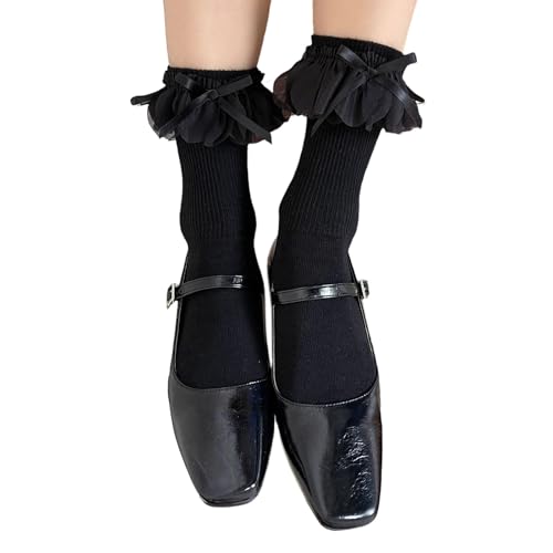 Kelisdi Calcetines transpirables y suaves con volantes, cómodos y cortos para mujeres que aman la moda femenina, uso diario, algodón con volantes, Negro, Talla única