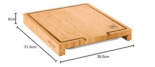 ZWILLING BBQ+ Schneidbrett mit Auffangschale, Saftrille, 39 x 30 x 5 cm, FSC-zertifizierter Bambus, Schale aus Edelstahl, Braun