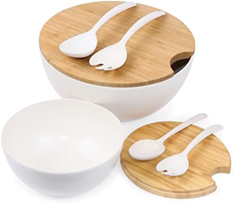 Clean Dezign Large Salad and Serving Bowl with Bamboo Wood Lid and Servers 8pc Set - 11.5" and 8" Bamboo Fiber Pasta Bowls and Utensils with Wooden Cutting Board Tops (Natural White)