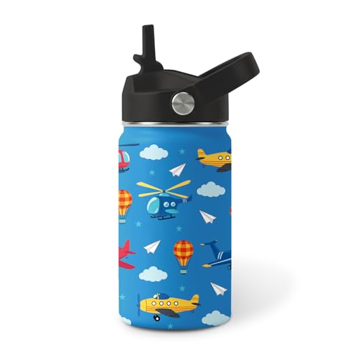 Image of Airplane Water Bottle for Son & Daughter, Stainless Steel Insulated Tumbler with Straw Lid and Handle, 12oz Reusable Leak-Proof Bottle for Sports