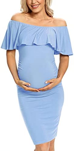 AONESX Ruffle Off Shoulder Fitted Maternity Dress, Ruched Side Bodycon Formal Pregnancy Dress for Baby Shower/Photography