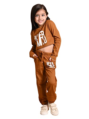 Image of LILPICKS Girls Never Mind Printed Crop Top with Jogger Set (Beige)