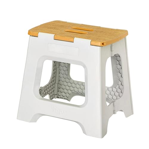 Image of Vigar Compact Folding Step Stool, 12-1 /2 in, Gray Bamboo Print | 12-1 /2 in Foldable Stool, Lightweight Portable Design, Handle, Non Slip Surface, Space-Saving, Supports up to 330 lb