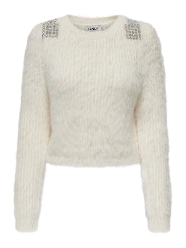 ONLY Damen ONLSURI LS Bling Crop O-Neck PRM KNT Pullover, Cloud Dancer/Detail:Silver, Large