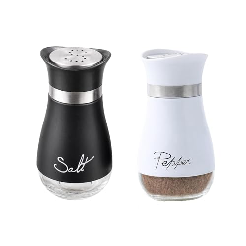 Shirene Salt and Pepper Shakers,2 Pcs Small Salt and Pepper Shaker Set Glass Bottom Salt Pepper Shaker Salt and Pepper Pots Spice Shaker Salt Pot for Kitchen Home Cooking Camping BBQ(Black & White)