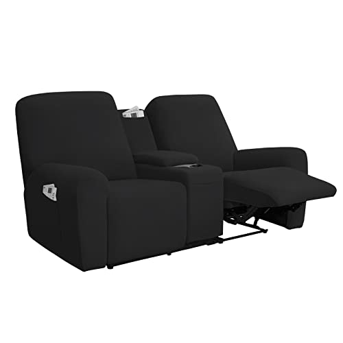 Image of Easy-Going Stretch Recliner Loveseat Cover with Center Console Sofa Slipcover Soft Fitted Fleece 2 Seats Couch with Cup Holder and Storage Washable Furniture Protector Black