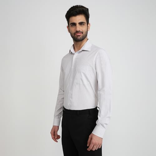 Image of Raymond Men Slim Fit Stripe Pattern Pure Cotton Semi Cutaway Collar Full Sleeve Formal Shirt
